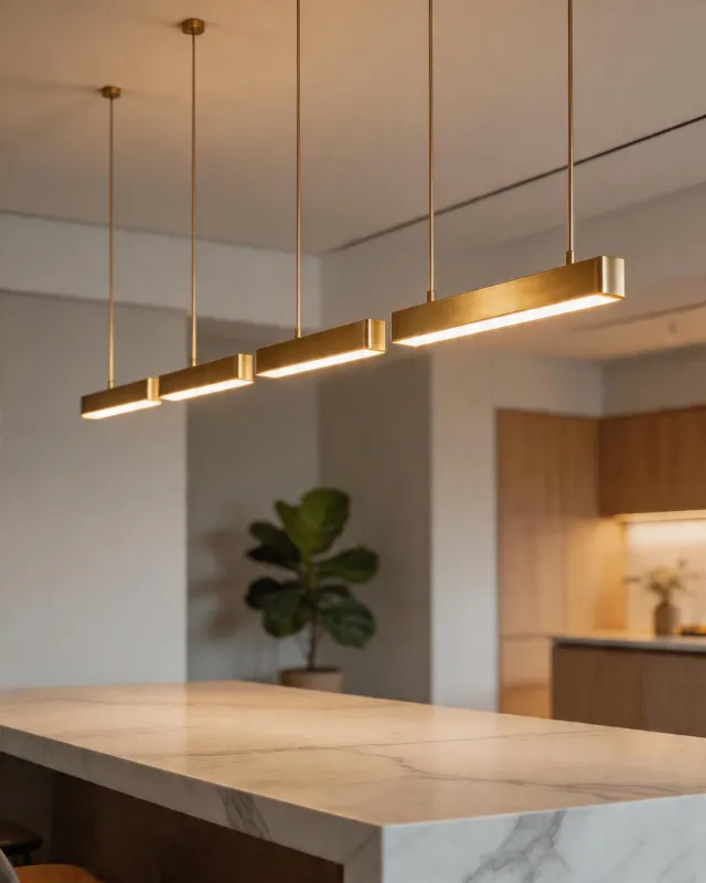 Designer pendants over a dining island