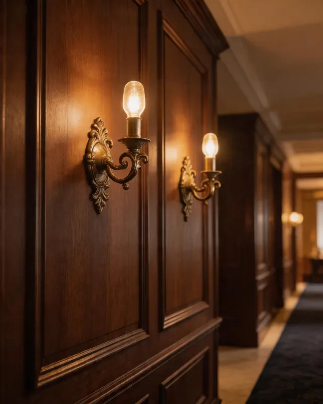 Wall sconces on a dark paneled corridor
