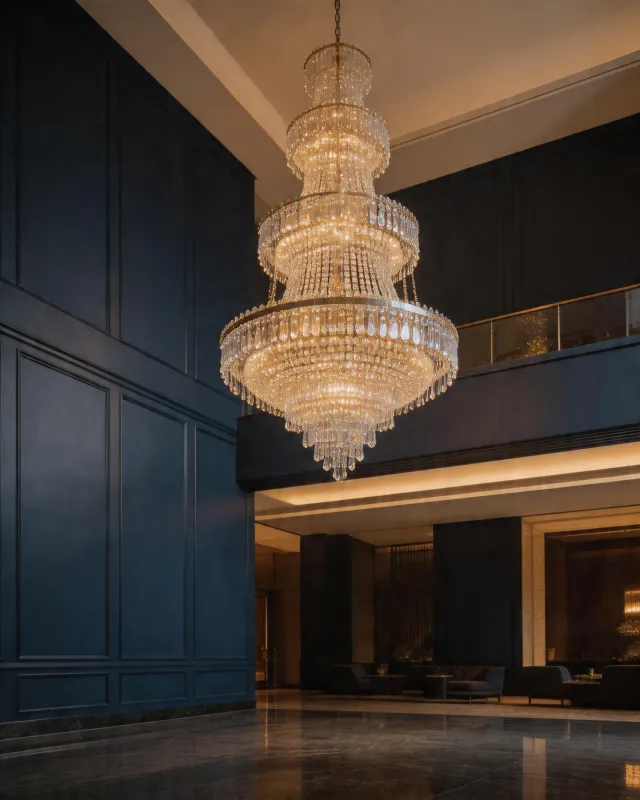 Statement chandelier in a hospitality lobby